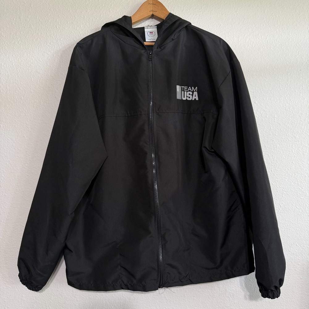 Olympics Committee Team USA Jacket Mens Large Black Hooded Full Zip Y2K Sports‎